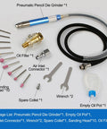 Air Powered Pencil Die Grinder Kit Pumping 65000 Rpm Beefed Up Torque includes die grinder, sanding heads, wrenches, and oil filler.