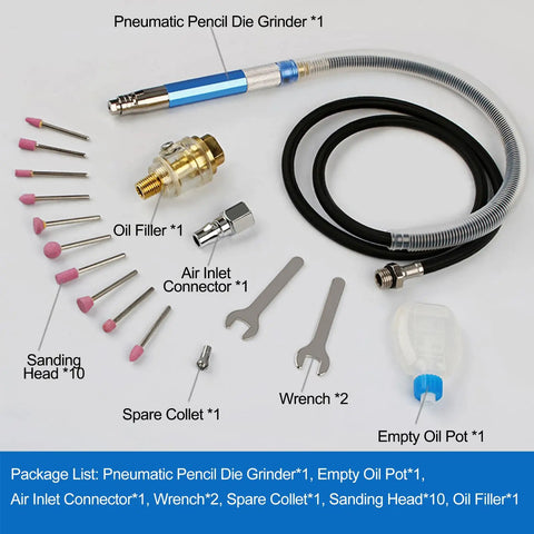 Air Powered Pencil Die Grinder Kit Pumping 65000 Rpm Beefed Up Torque includes die grinder, sanding heads, wrenches, and oil filler.