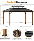 Hard Top Gazebo 10x14 With Double Galvanized Steel Roof, 4 LED Lights, Mosquito Nettings, Wood Grain Patio Shelter shown with dimensions