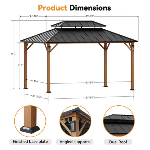 Hard Top Gazebo 10x14 With Double Galvanized Steel Roof, 4 LED Lights, Mosquito Nettings, Wood Grain Patio Shelter shown with dimensions