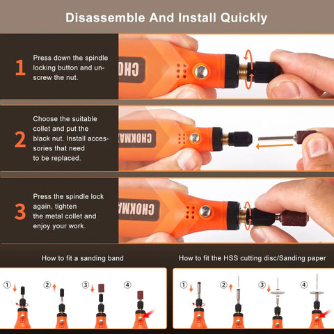 Step-by-step guide to using Cordless Mini Rotary Tool Kit With 3.7V Li-ion Battery, showing accessory installation process.