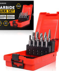 BLENCEE 10-piece tungsten carbide burr set with 1/4 in shank in red case, double-cut burrs for grinding and deburring.