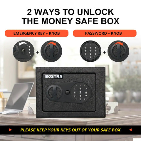 Fireproof Safe Box With Sensor Light And Digital Keypad For Home Security, Compact 0.23 Cubic Foot Safe For Cash And Jewelry, Includes Fireproof Bag And Backup Keys Black on desk.