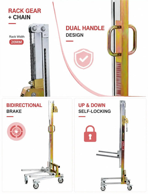 Top Rated Portable Material Lift With Manual Winch Stacker And Forks features dual handle and bidirectional brake for safe lifting.