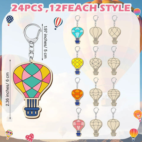 Color Your Own Hot Air Balloon Keychains Kit With 24 Wooden Blanks, 12 Styles, DIY Craft Set for Kids and Adults displayed in 12 styles