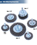 18Piece Wire Wheel Cup Brush Set For Drills With One Quarter Inch Hex Shank displayed with various sizes on a white background.