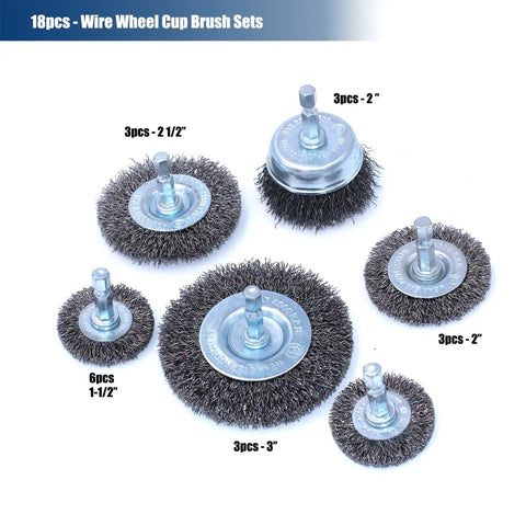 18Piece Wire Wheel Cup Brush Set For Drills With One Quarter Inch Hex Shank displayed with various sizes on a white background.