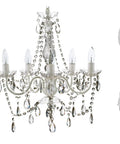 Plug-In Five Light Crystal Chandelier Swag Hanging Fixture With White Metal Frame And Clear Glass Stems And Acrylic Crystals