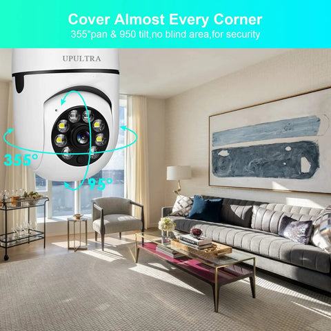 Wireless Security Camera 1080P with PTZ and 360 Degree Panoramic View installed in modern living room, E27 Base