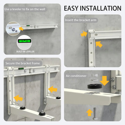 Installation steps for Heavy Duty Mini Split Wall Mount Bracket For 9000 To 18000 Btu AC Heat Pump Systems with leveler.