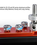 Heavy Duty Aluminum Profile Drill Guide And Tapping Chuck Kit Designed For 20 Through 40 Series Extrusions showing drill inserts and guide features.