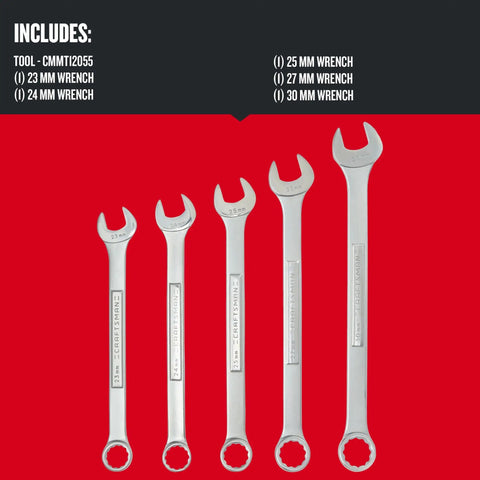 Metric Jumbo 5 Piece Wrench Set With Chrome Finish, Corrosion Resistant, 12 Point Box End, 15 Degree Offset For Extra Knuckle Clearance