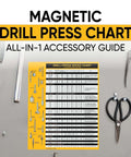 Front view of a yellow magnetic drill press chart sign, 8.5x10.5 inches, with RPM table and accessory tips