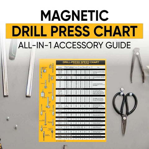 Front view of a yellow magnetic drill press chart sign, 8.5x10.5 inches, with RPM table and accessory tips