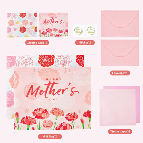 Two Pack 13 Inch Large Mothers Day Gift Bags With Handles, Reusable Nonwoven Floral Gift Bags With Cards, Comes With Tissue Paper
