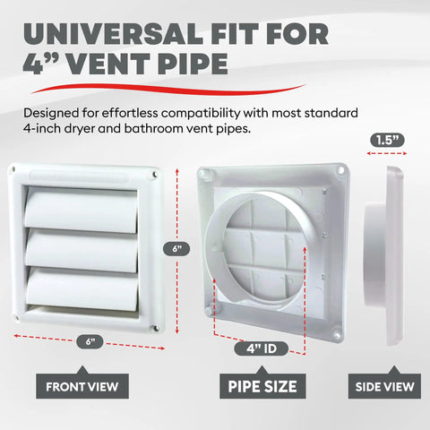 Supurr Vent 4 Inch Outdoor Dryer Vent Cover White Louvered Wall Hood With Gravity Damper front and side views