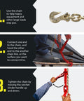 Sequential steps for using the Four Pack Twenty Foot Five Sixteenth Inch Grade 70 Chain With Load Binder Sets Heavy Duty Ratcheting Chain Binders 4700 Lb Working Load Limit