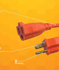 Close-up of Lite Duty Outdoor Extension Cord For Landscaping And Yard Tools 16 Gauge SJTW Vinyl Jacket Molded Plug Bright Orange Finish 100 Foot Length For Safe Power On Lawn Equipment