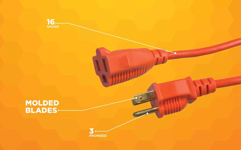 Close-up of Lite Duty Outdoor Extension Cord For Landscaping And Yard Tools 16 Gauge SJTW Vinyl Jacket Molded Plug Bright Orange Finish 100 Foot Length For Safe Power On Lawn Equipment