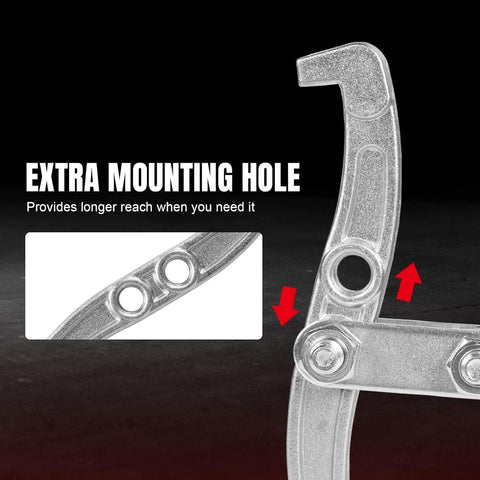 Close-up of Three-Jaw Gear Puller Kit With 3 4 6 Inch Draws Reversible Jaws Carbon Steel Construction showing extra mounting hole.