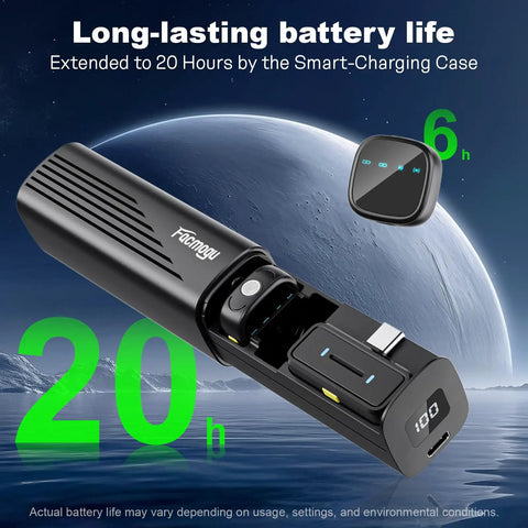 AI Noise Reduction Wireless Lavalier Mic With USB C For Android And iPhone 15 16 17 showing 20h charging case
