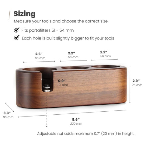 Wooden Espresso Tamper Holder Station With 3 Slots For Tampers And Portafilter, Anti Slip Bottom, Dark Walnut, Size Guide