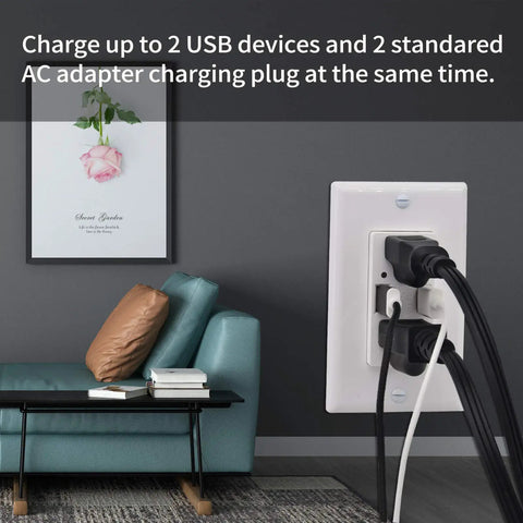 Plug And Go Dual USB Wall Outlet With 15A Tamper Resistant Electrical Socket 4.2A Fast Charging Receptacle in living room.