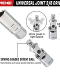 Universal joint for 3/8 Inch Drive Spark Plug Socket Set 7 Piece SAE And Metric with spring loaded detent ball, CR-V steel.