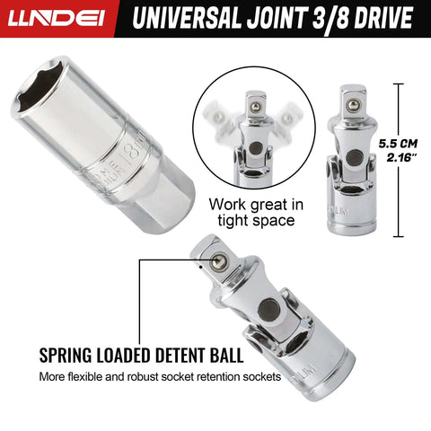 Universal joint for 3/8 Inch Drive Spark Plug Socket Set 7 Piece SAE And Metric with spring loaded detent ball, CR-V steel.