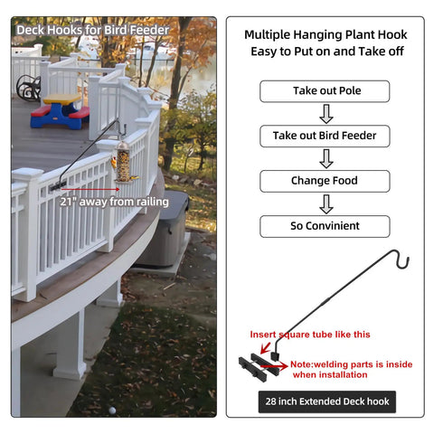 Railing Mount Deck Hook Heavy Duty Shepherds Bracket For Outdoor Plant Hangers And Bird Feeders with extended arm on deck