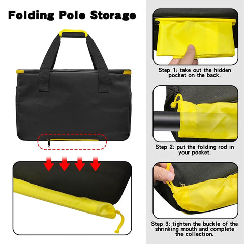 Heavy Duty Steam Cleaner Storage Tote With Flexible Slots For Holding Every Wand Filter And Spray Nozzle Keeping Your Deep Clean Setup Slick And Fully Loaded Before You Hit The Road, showing folding pole storage steps.