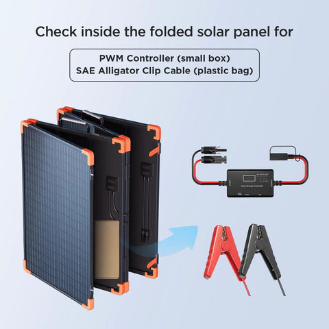 200W Portable Solar Panel With Tempered Glass Heavy Duty Foldable Mono Solar Charger showing open view and accessories