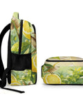 Side and top view of Tropical Hummingbird Lemon Coffee Print Unisex Backpack With Large Capacity, Durable Polyester, Smooth Zipper