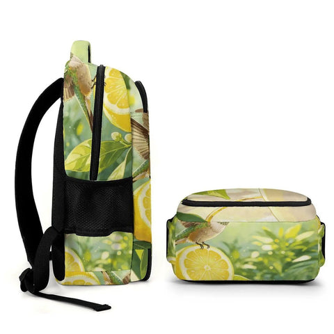 Side and top view of Tropical Hummingbird Lemon Coffee Print Unisex Backpack With Large Capacity, Durable Polyester, Smooth Zipper