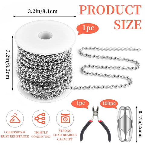 66 Foot Stainless Steel Ball Chain Kit 4.5mm Bead Chain With 100 Connectors And Pliers for Window Blinds and Jewelry Making