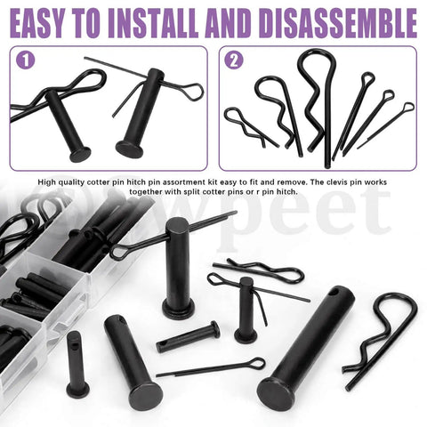 67-Piece Clevis Pin And Cotter Pin Kit With R Pins Hairpins And Split Pins For Automotive Trucks And Lawn Mowers, close-up view