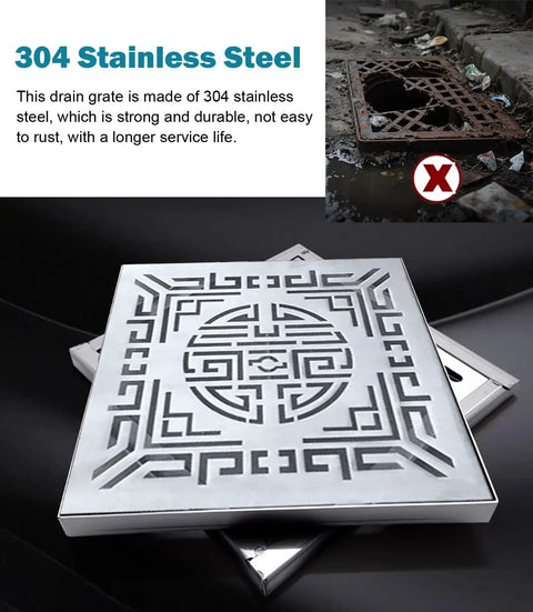 Heavy Duty Square Outdoor Drain Grate With Frame Brushed 304 Stainless Steel Catch Basin Cover design on smooth surface.