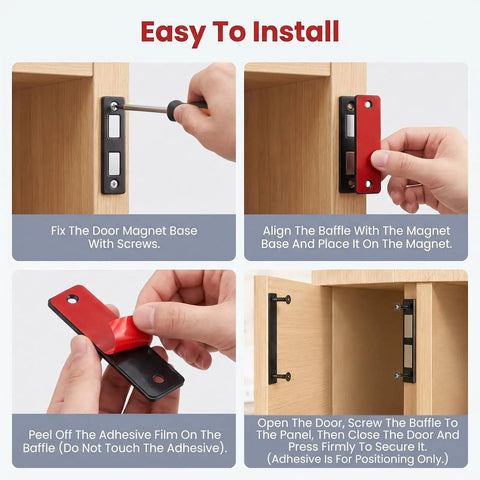 Easy installation steps for Sturdy 3 Pack Cabinet Magnets That Lock Like A Champ With Double Magnet Power for children safety.