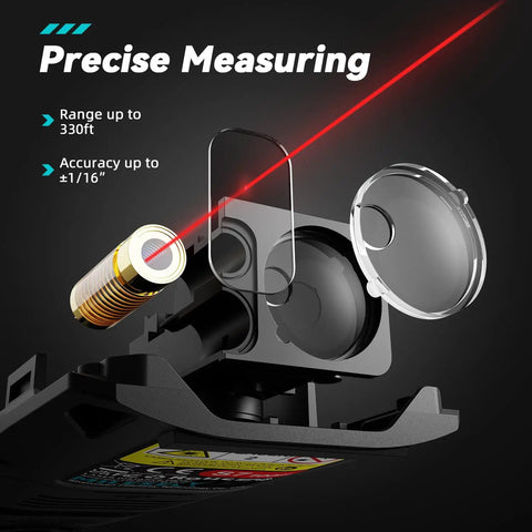 Laser Measuring Tool With 2.4 Inch Color Backlit Display, 330 Ft Range, Plus Or Minus One Sixteenth Inch Accuracy, Rugged, Lightweight, Jobsite Ready For Big Measurements And Quick Layouts exploded laser module view with red beam