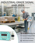 Industrial load cell amplifier transmitter on factory floor for scales and automation with unit switching for microvolt signal conversion.