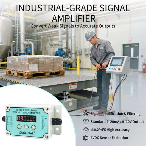 Industrial load cell amplifier transmitter on factory floor for scales and automation with unit switching for microvolt signal conversion.