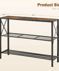 Hella Sturdy Industrial Console Table With Three Tier Open Shelving, dimensions 41.7 x 11.6 x 30.1 inches, black metal frame, rustic wood top.