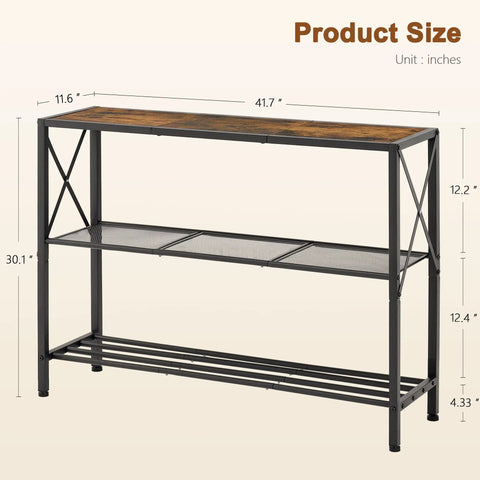 Hella Sturdy Industrial Console Table With Three Tier Open Shelving, dimensions 41.7 x 11.6 x 30.1 inches, black metal frame, rustic wood top.