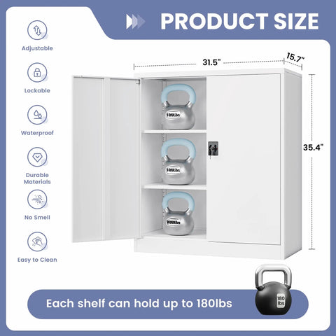 Beefy Heavy Duty Metal Storage Cabinet With Lockable Doors And Two Adjustable Shelves 36 Inch Steel Tool Cabinet For Garage Home Office School White Powder Coated Finish showing dimensions and features.