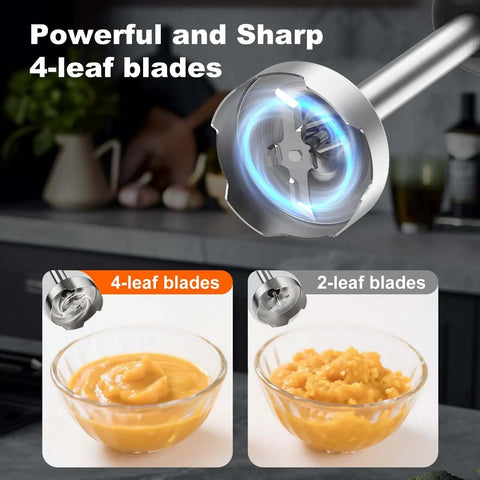 Tough As Nails Handheld Immersion Blender With Twenty Speed Settings And Turbo Boost 1200W hand mixer blades in action with pureed food.