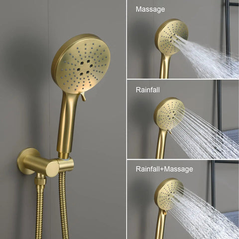 Slick Brushed Gold Rainfall Shower Head System With Concealed Wall Mount Mixer Valve And Heavy Duty Brass Plumbing Arm Stainless Steel Hose Handheld Setup For Knockout Bathroom Revamps