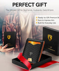 Slim RFID Blocking Leather Wallet For Men Front Pocket Card Holder With Carbon Fiber Look Ultra Thin Bifold Holds Eleven Cards And Fifteen To Twenty Bills Gift Box Included Carbon Black And Orange displayed with gift box and ribbon.