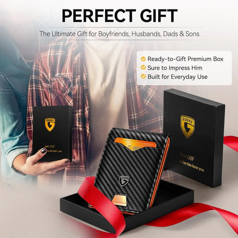 Slim RFID Blocking Leather Wallet For Men Front Pocket Card Holder With Carbon Fiber Look Ultra Thin Bifold Holds Eleven Cards And Fifteen To Twenty Bills Gift Box Included Carbon Black And Orange displayed with gift box and ribbon.