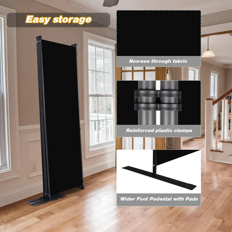 4 Panel Folding Privacy Screen Room Divider With Wider Feet, 6 Ft Portable Freestanding Partition In Black featuring fabric, clamps, and pedestal.