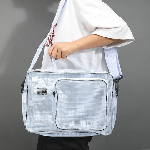 Clear Antistatic Crossbody Tool Bag Hella Durable Cold Pvc Build For Field Engineers And Tech Crews Straight Up Reliable Gear And Laptop Storage Heavy Duty Protective Case held by a person.